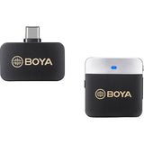 Transmițător wireless lavalier USB‑C negru și gri, cu LED albastru