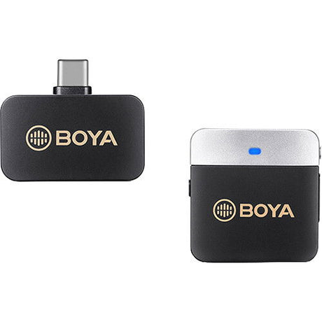 Transmițător wireless lavalier USB‑C negru și gri, cu LED albastru
