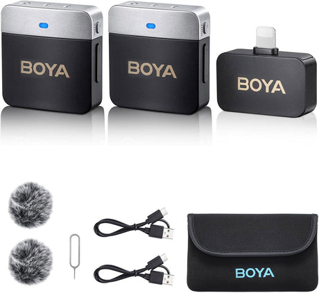 Set microfon lavalier wireless pentru iOS: transmițător, microfoane și cabluri