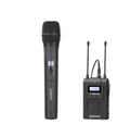 Wireless handheld microphone and receiver unit with two antennas, dark black