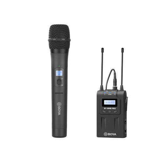 Wireless handheld microphone and receiver unit with two antennas, dark black