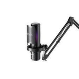 Microfon condensator negru cu braț tip suspensie și bază rotundă