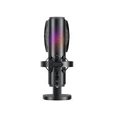 Microfon condensator negru cu grilaj perforat pe suport rotund