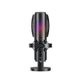 Microfon condensator negru cu grilaj perforat pe suport rotund
