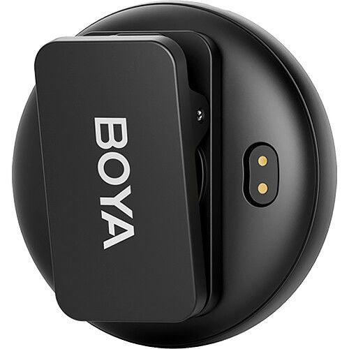 Black wireless mic receiver side view with BOYA text and small status light