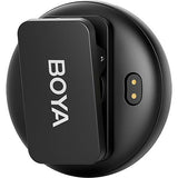 Black wireless mic receiver side view with BOYA text and small status light
