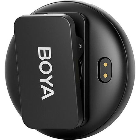 Black wireless mic receiver side view with BOYA text and small status light