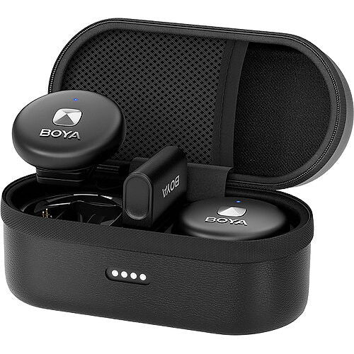 Black wireless smartphone microphone kit with open charging case and two round mic receivers