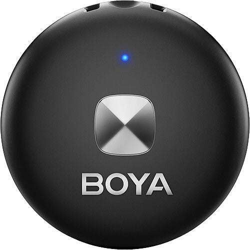 Black BOYA round wireless mic receiver with central indicator light and logo