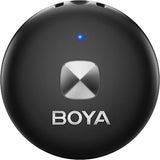 Black BOYA round wireless mic receiver with central indicator light and logo