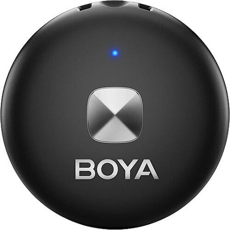 Black BOYA round wireless mic receiver with central indicator light and logo