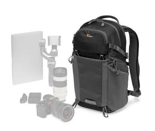 Black photo backpack with front compartments, top handle, and adjustable shoulder straps
