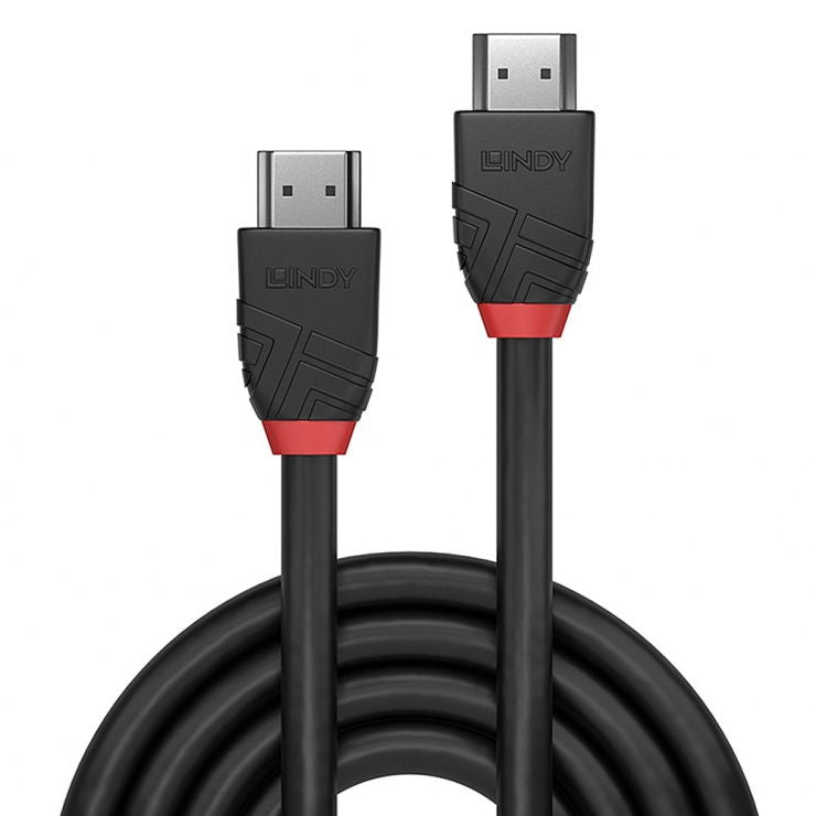 HDMI cable plug pair on a coiled black cable, Type-A connectors with red trim