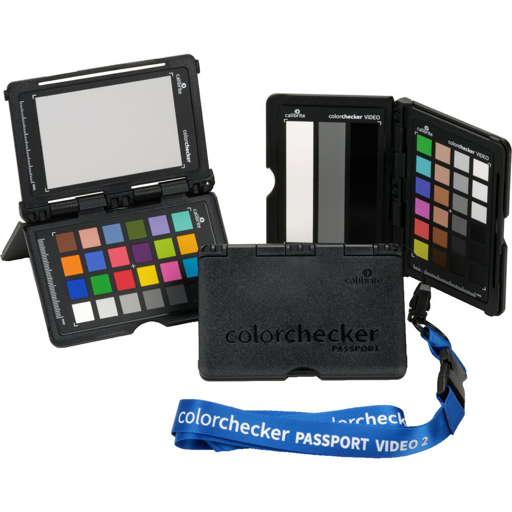 ColorChecker Passport Video 2 open multi-panel color chart with strap and display