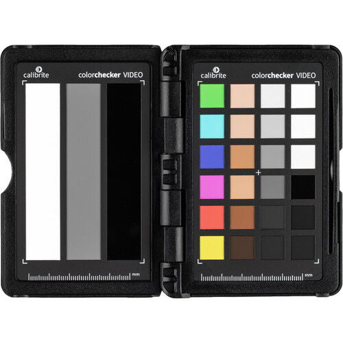 ColorChecker Passport Video 2 open case with grayscale reference bars and color patch grid