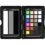 ColorChecker Passport Video 2 open case with grayscale reference bars and color patch grid