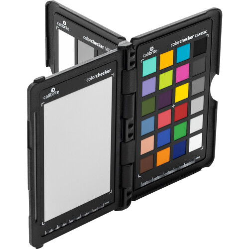 ColorChecker Passport Video 2 open folded case with blank panel and color patch chart
