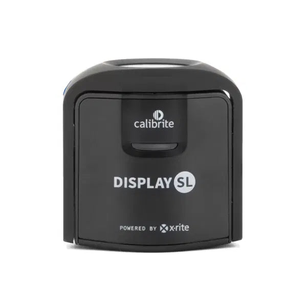 Black Display SL colorimeter front view with DISPLAY SL text and powered by X-Rite