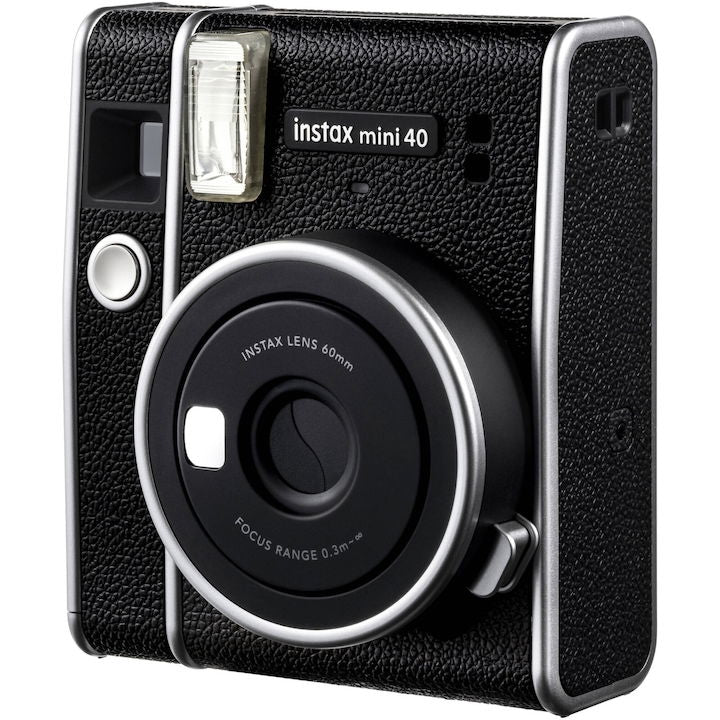 Instax Mini 40 instant camera, black textured case with raised shutter and lens