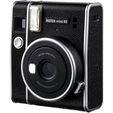 instax mini 40 instant camera, close-up front with silver-ring lens and flash