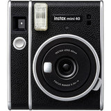 instax mini 40 instant camera, black front with silver ring lens and flash window