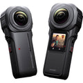 360 action camera with front display and circular lens, dark gray and black