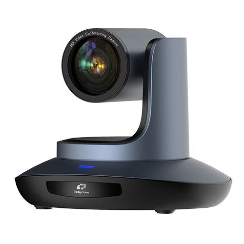 PTZ video conferencing camera, front view with motorized lens and dark gray housing