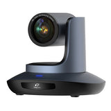 PTZ video conferencing camera, front view with motorized lens and dark gray housing