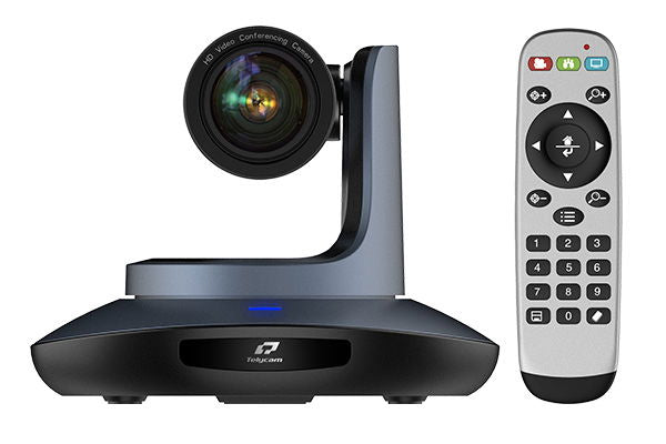 PTZ video conferencing camera with remote control, dark gray base and lens head