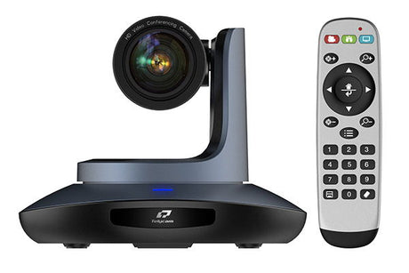 PTZ video conferencing camera with remote control, dark gray base and lens head