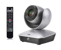 PTZ video conference camera with remote control, black and silver base, 12x zoom lens