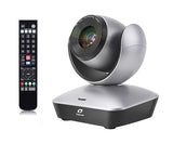 PTZ video conference camera with remote control, black and silver base, 12x zoom lens