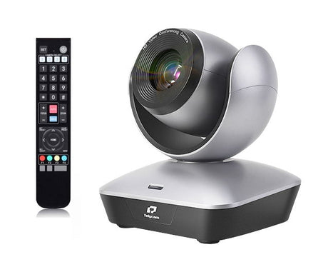 PTZ video conference camera with remote control, black and silver base, 12x zoom lens