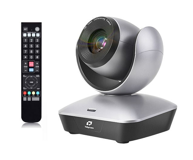 PTZ video conference camera with remote control, black and silver base, 12x zoom lens