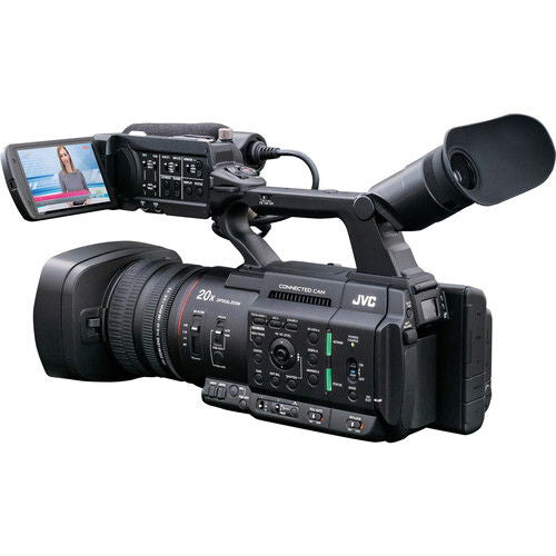 Camcorder angled view with LCD display, lens, microphone, and control switches
