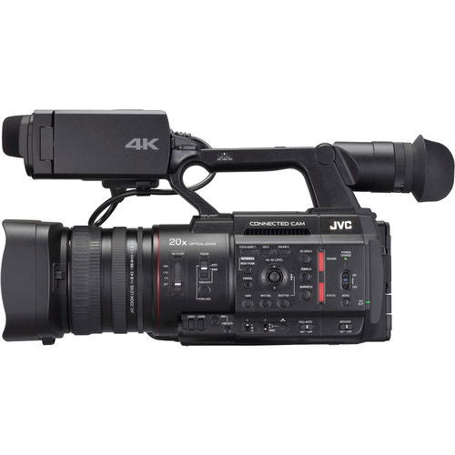 4K camcorder close side view with lens, 20x zoom markings, and buttons