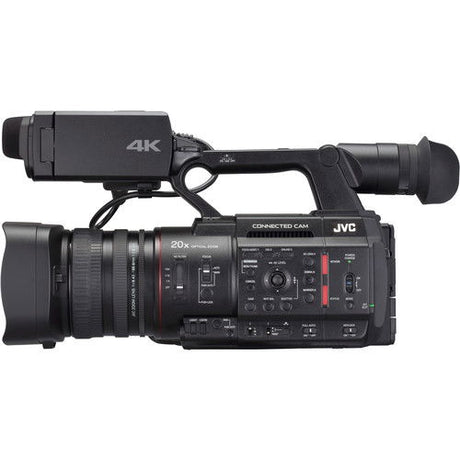 4K camcorder close side view with lens, 20x zoom markings, and buttons