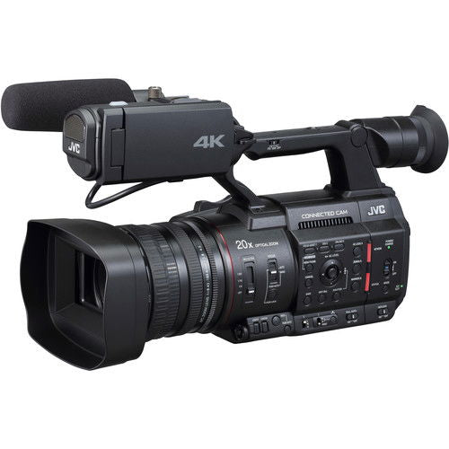 4K camcorder side view with lens hood, viewfinder, and control panel