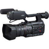 4K camcorder side view with lens hood, viewfinder, and control panel