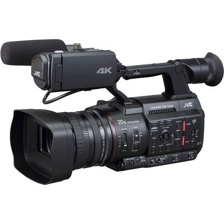 4K camcorder side view with lens hood, viewfinder, and control panel
