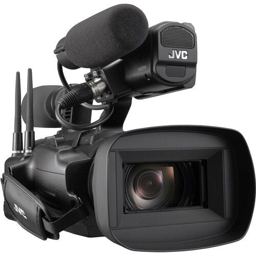 Black camcorder front view with lens and microphone windscreen, extended handle