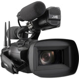 Black camcorder front view with lens and microphone windscreen, extended handle