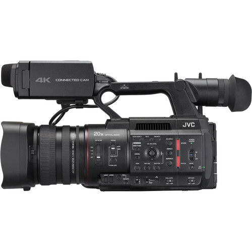 Black 4K camcorder side view with extended handle and control panel