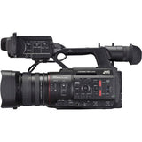 Black camcorder side view showing rear controls, ports, and 20x zoom lens