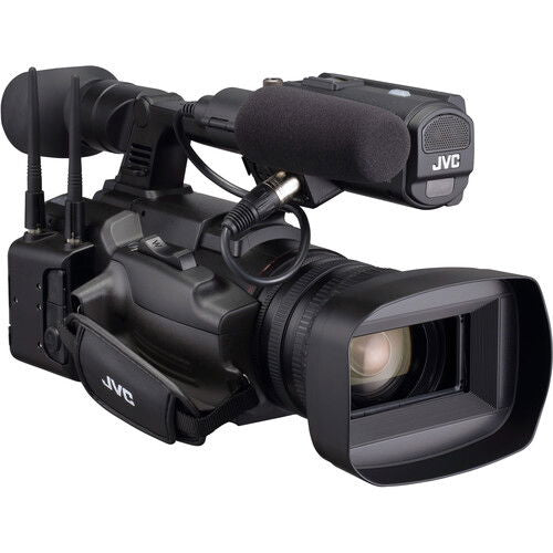 Black video camera with large lens, top foam microphone cover, shoulder mount