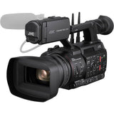 4K professional video camera with viewfinder and side grip, black body