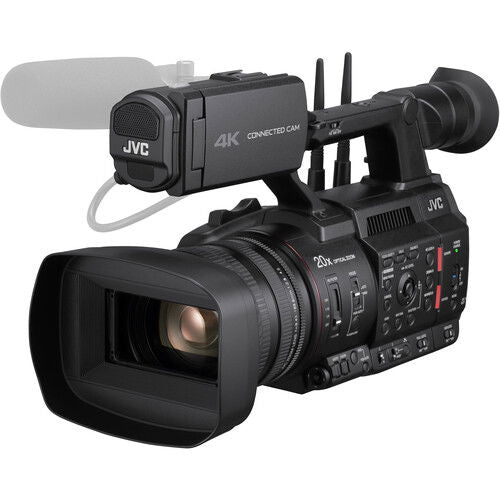 4K professional video camera with viewfinder and side grip, black body
