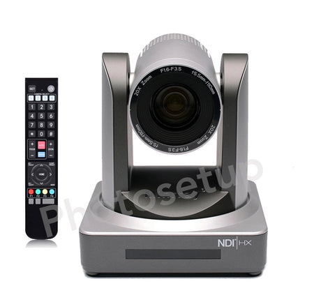 Gray PTZ video conference camera with 20X zoom lens and NDI front panel