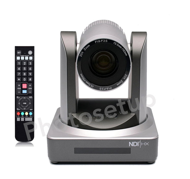 Gray PTZ video conference camera with 20X zoom lens and NDI front panel