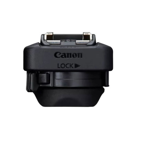 Canon AD-E1 shoe adapter, black body with lock label and mounting foot
